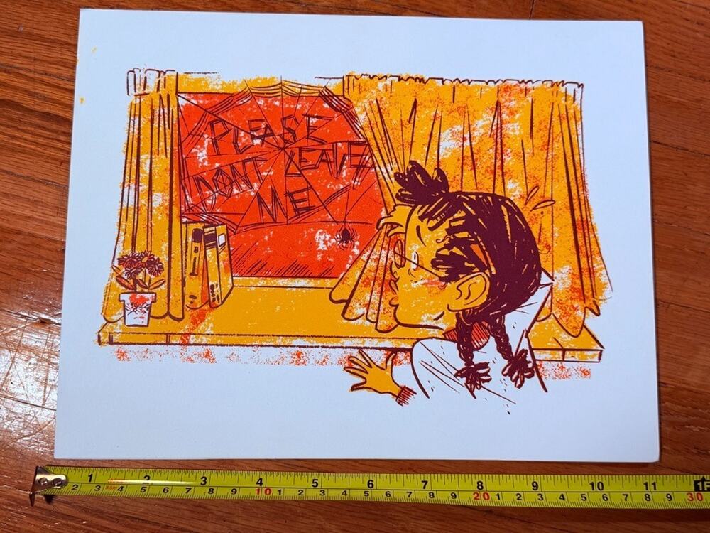 Artist Robin Banks-Orange & Yellow Retro Cartoon Girl at Window Art Print